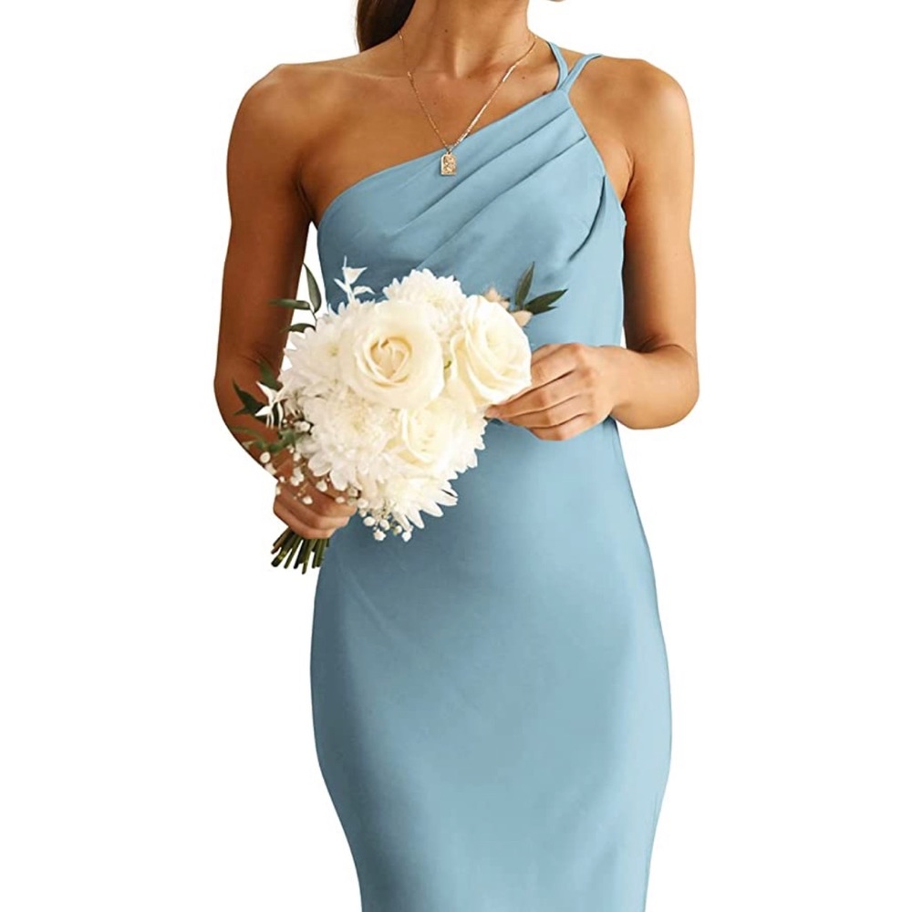 Women's Midi Satin Dress One Shoulder Spaghetti Strap Backless Bodycon Dress